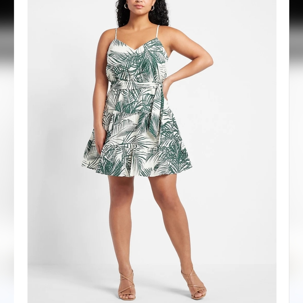 Express Palm Print Eyelet V-Neck Tie Waist Tiered Trapeze Dress